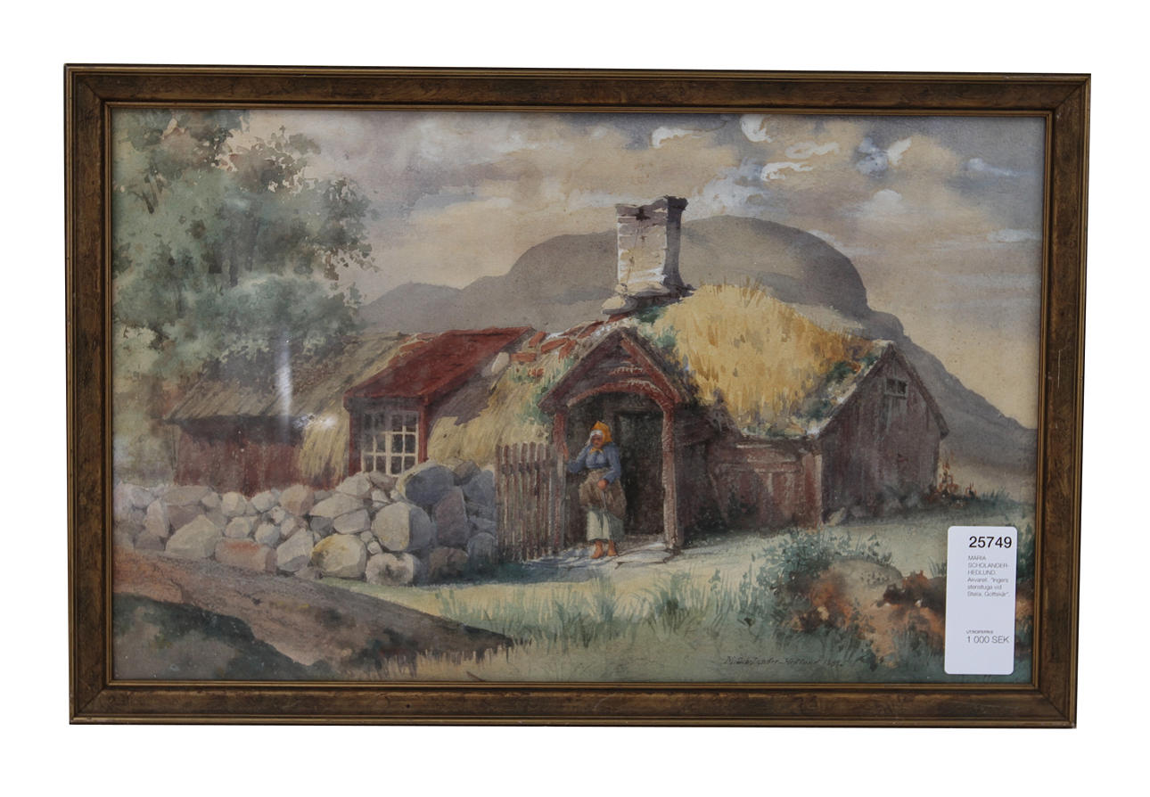 MARIA SCHOLANDER-HEDLUND. Akvarell. "Ingers stenstuga vid Steila, Gottskär".