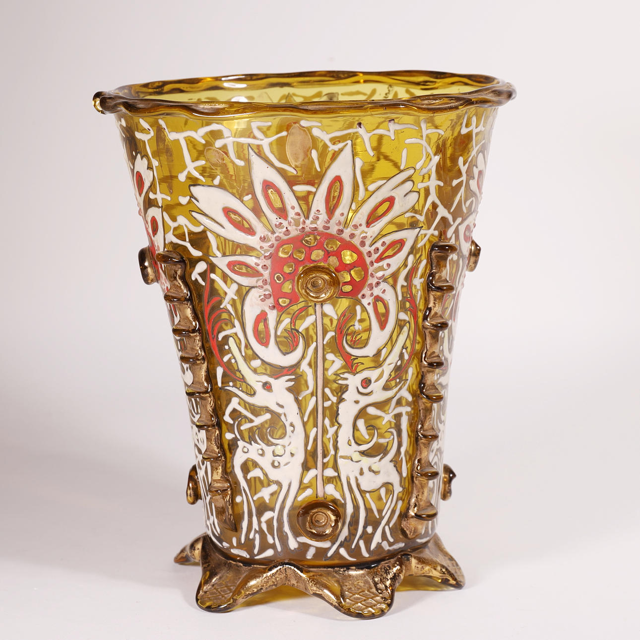 CIRERA. HAND DECORATED CARAMEL COLOR BLOWN GLASS VASE.