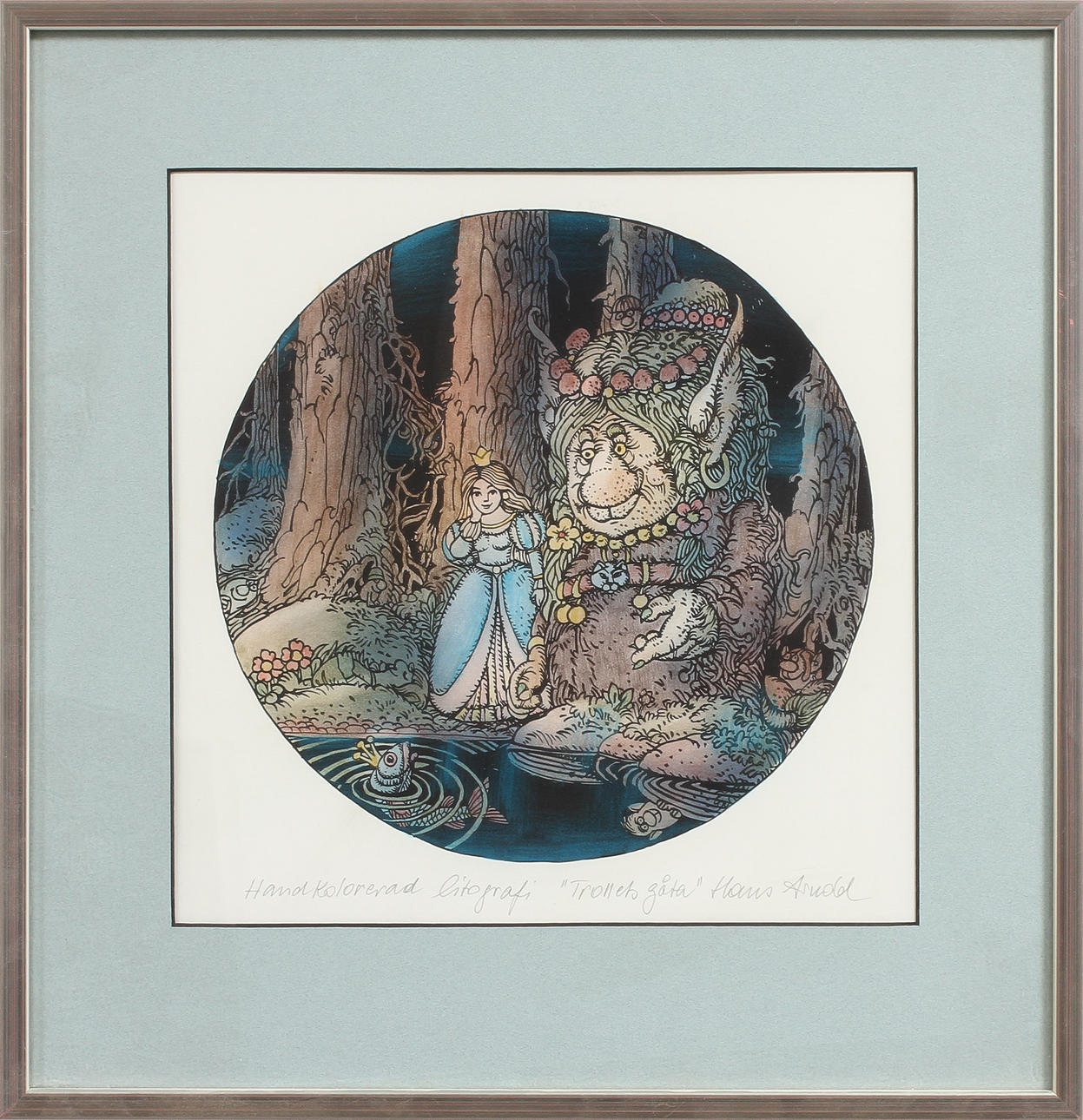 HANS ARNOLD. "Trollets gåta", litografi, handkolorerad, signerad.