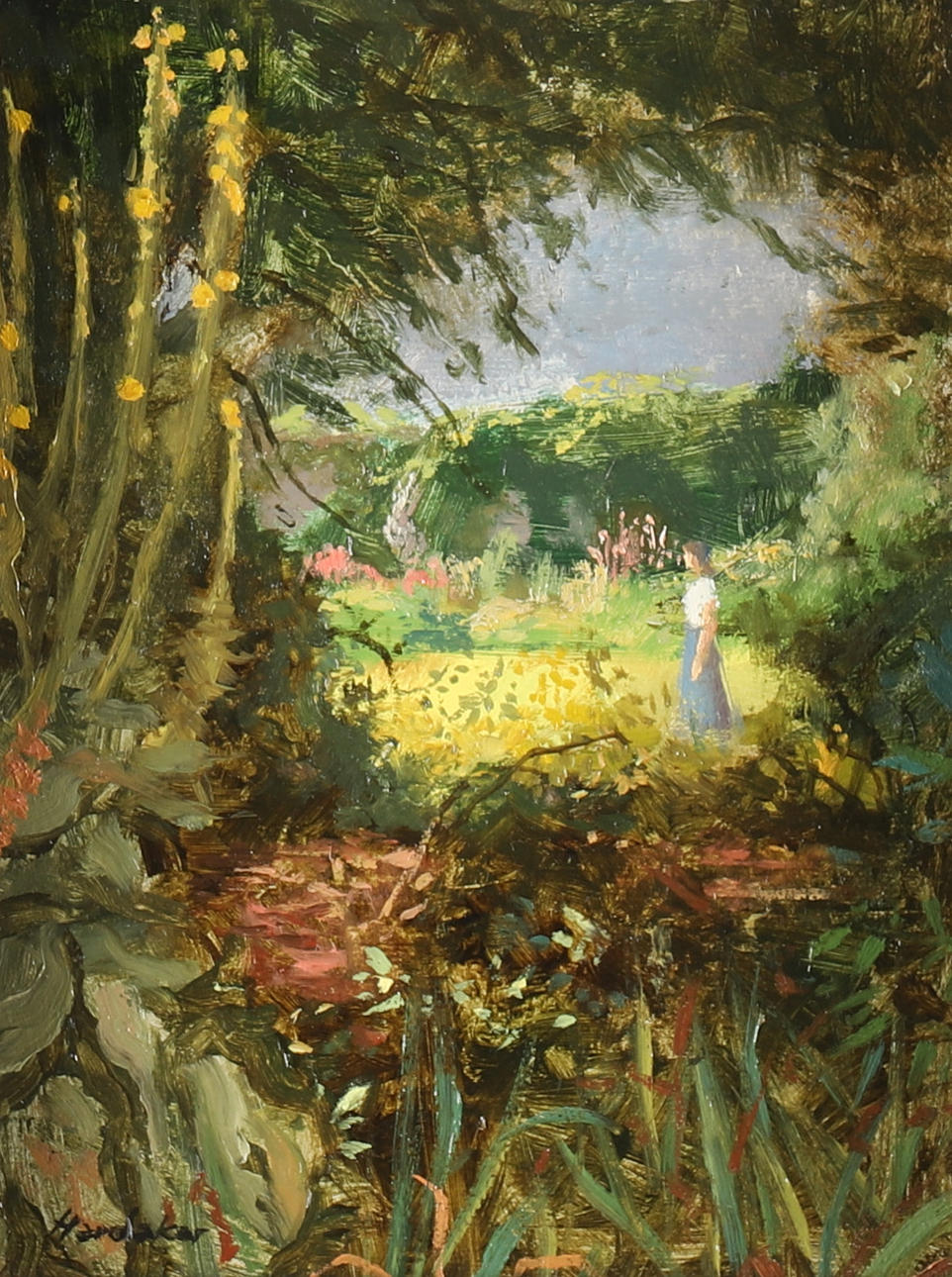 CHARLES HARDAKER A.R.C.A. N.E.A.C. R.B.A. (B. 1934-). FIGUR I EN TRÄDGÅRD.