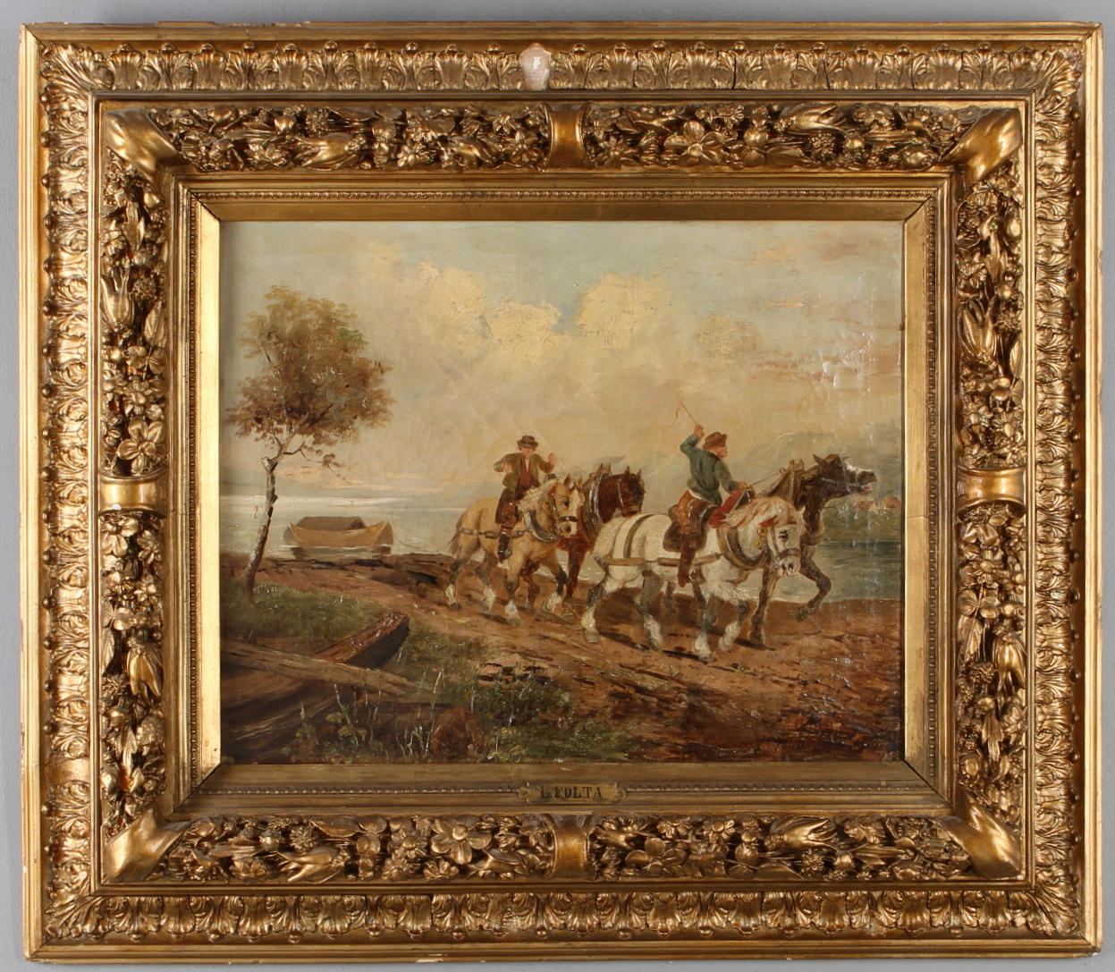 OKÄND KONSTNÄR. Män på hästar, olja på duk, signerad L. Folta.