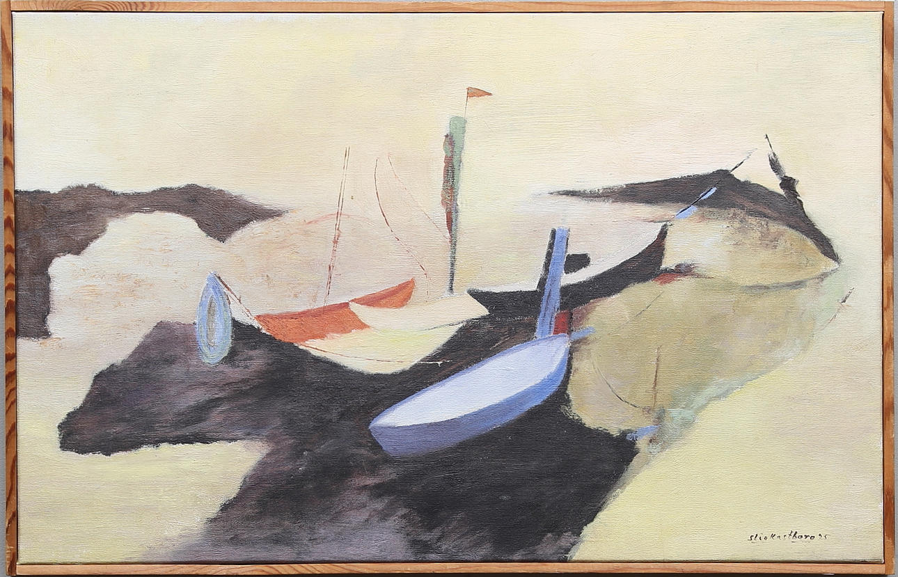 STIG KASTBERG. Kompostion med segelbåtar. Olja på duk. Signerad.