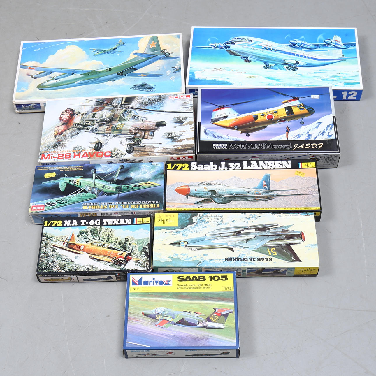 PLASTIC MODELS 9 building kits airplanes and helicopters, original boxes.
