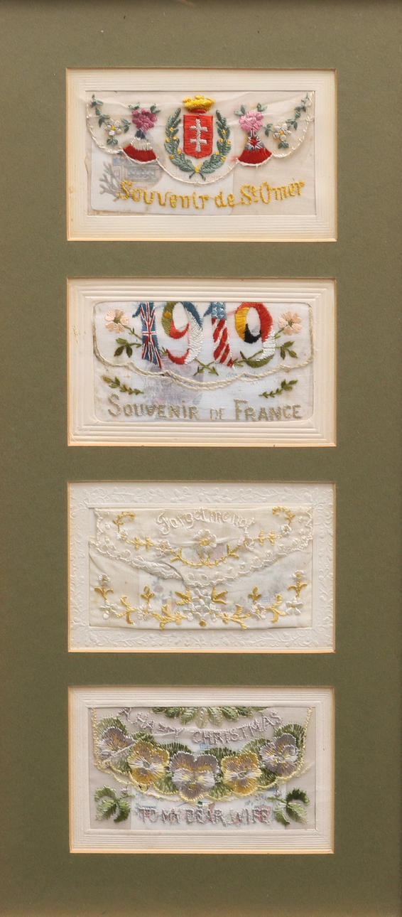 TWO PRESENTATIONS OF FOUR WORLD WAR ONE SILK POSTCARDS.