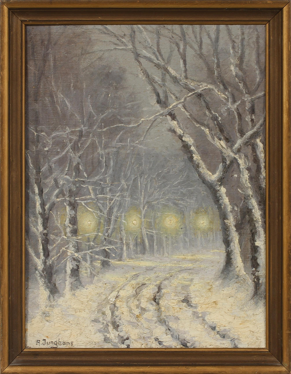 OIDENTIFIERAD KONSTNÄR. "Wintermorgen im Berlin, Tiergarten". Olja på duk, signerad A. Junghans.