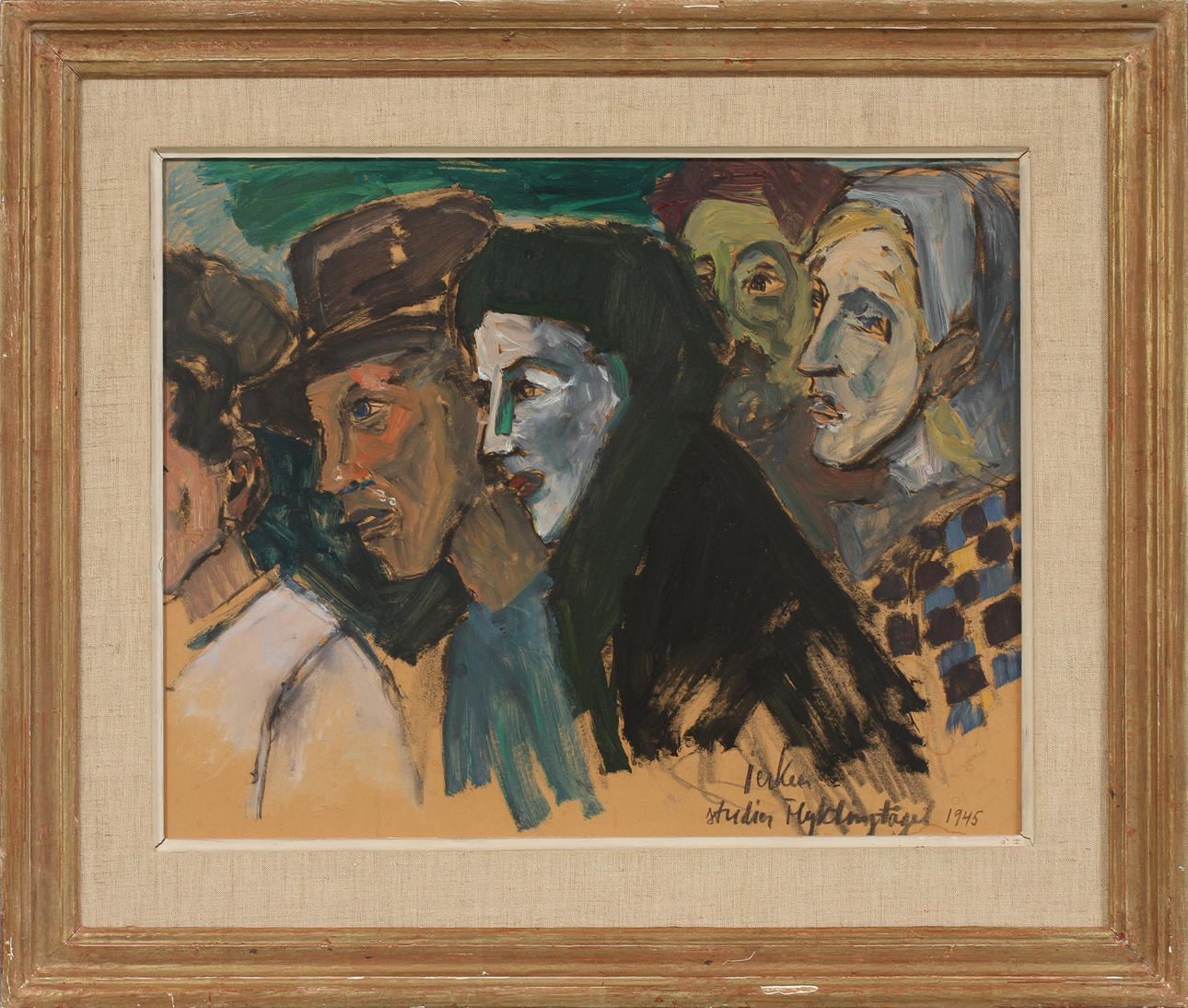 ERIK JERKEN. Blandteknik på pappannå. Studier Flyktingtåget, signerad och daterad 1945.