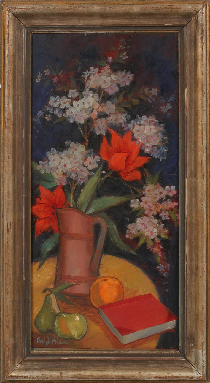 CARL JOSEF ALEXANDERSSON. "Tulpaner och körsbärsblommor", olja på träpannå, signerad och daterad 1931 a tergo.