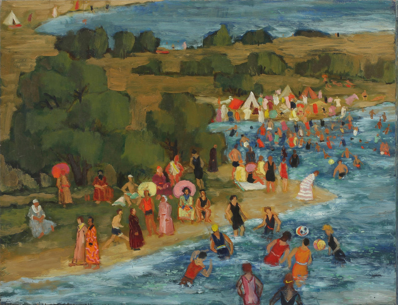 CARL JOSEF ALEXANDERSSON. "Badstranden", olja på träpannå, signerad a tergo.