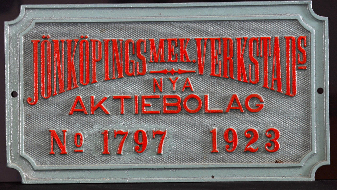 SKYLT, bemålat järn. Jönköpings mekaniska verkstads nya aktiebolag.