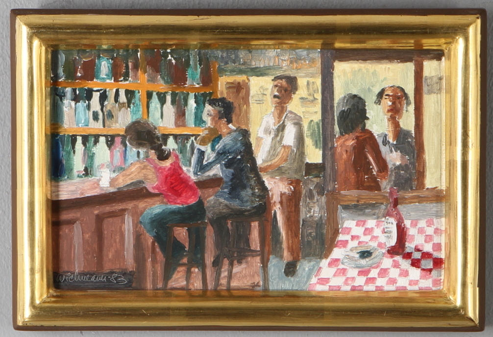 HARRY WICHMANN. krogscen, olja på pannå, signerad samt daterad -83.