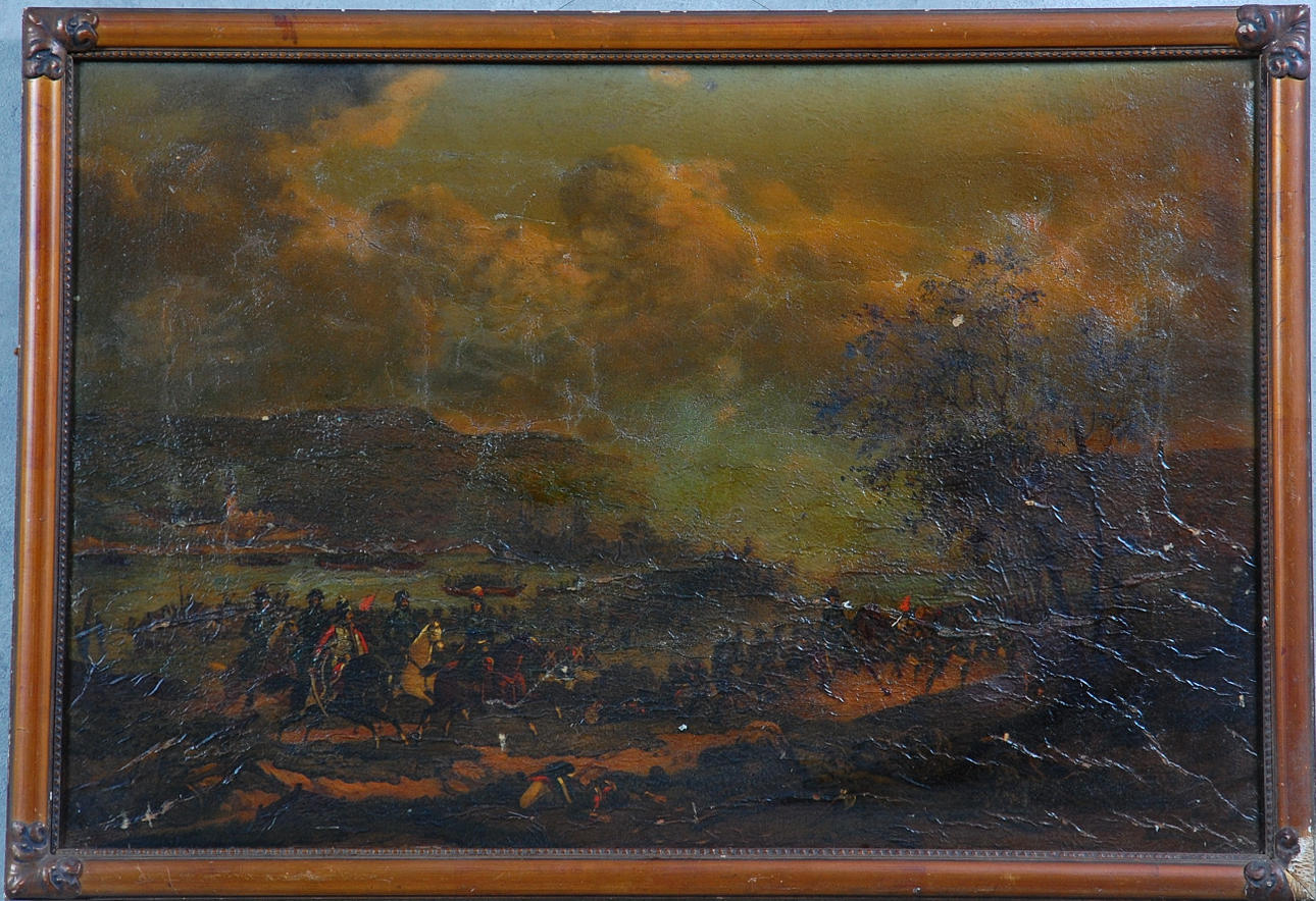 CARL ANDREAS DAHLSTRÖM. 1806-1869, olja på duk, Rehns övergång och Bendorffs intagande av General Bernadotte 4 juli 1796, otydligt signerad.