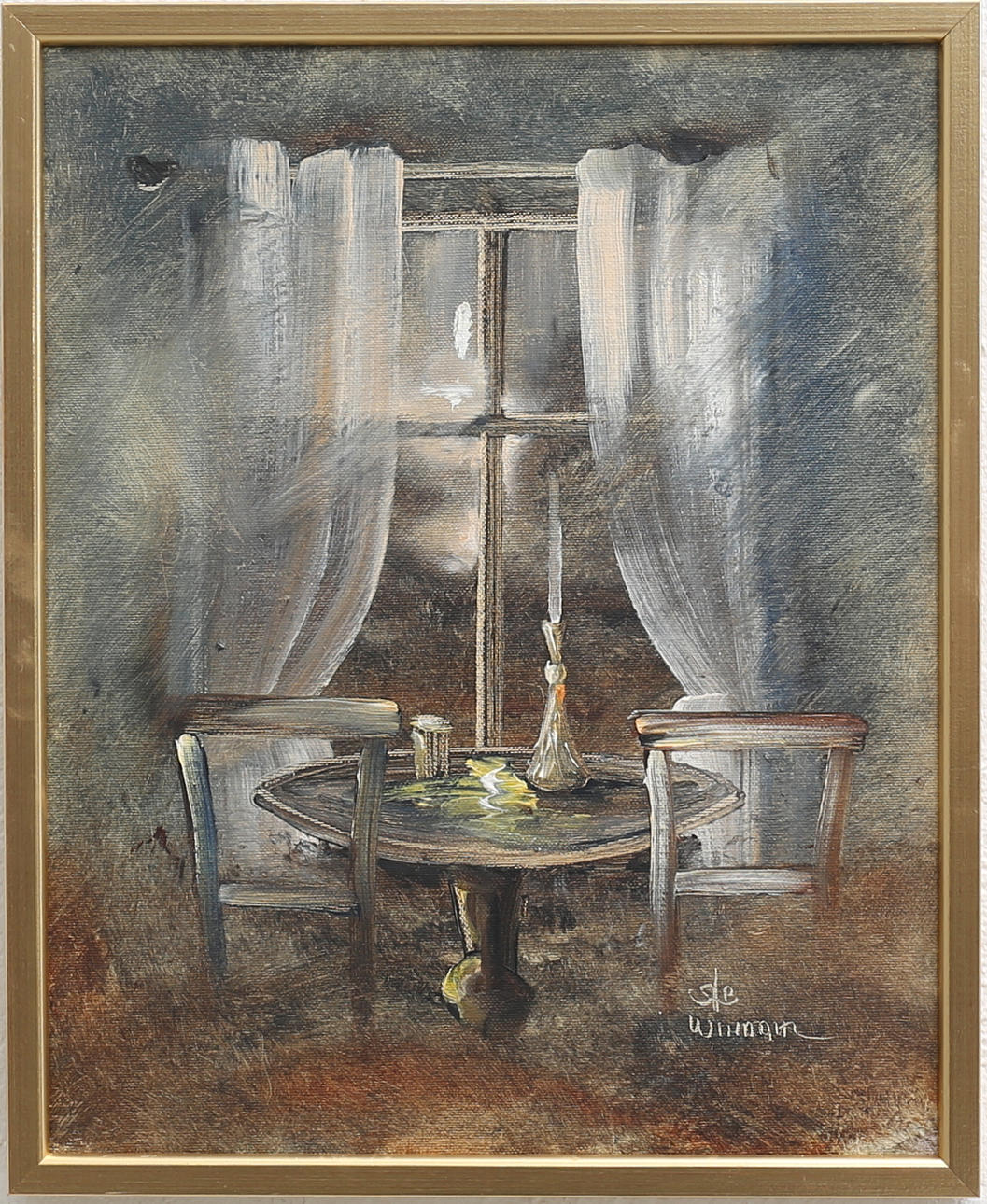 STEFAN WINDAHL. bord vid fönster, olja på duk, signerad.