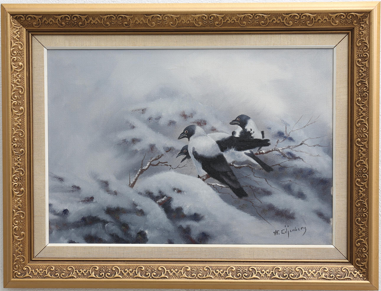 WALTER LILJENBERG. Kråkor i vintermiljö, olja på duk, signerad.