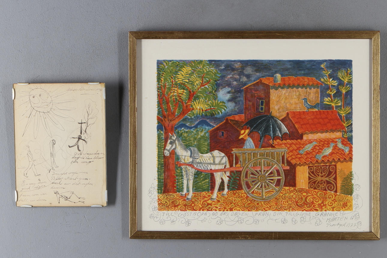 MÅRTEN ANDERSSON. 2 st, teckning/skiss, tusch samt färglitografi, signerad med dedikation, provtryck, daterad,1977.