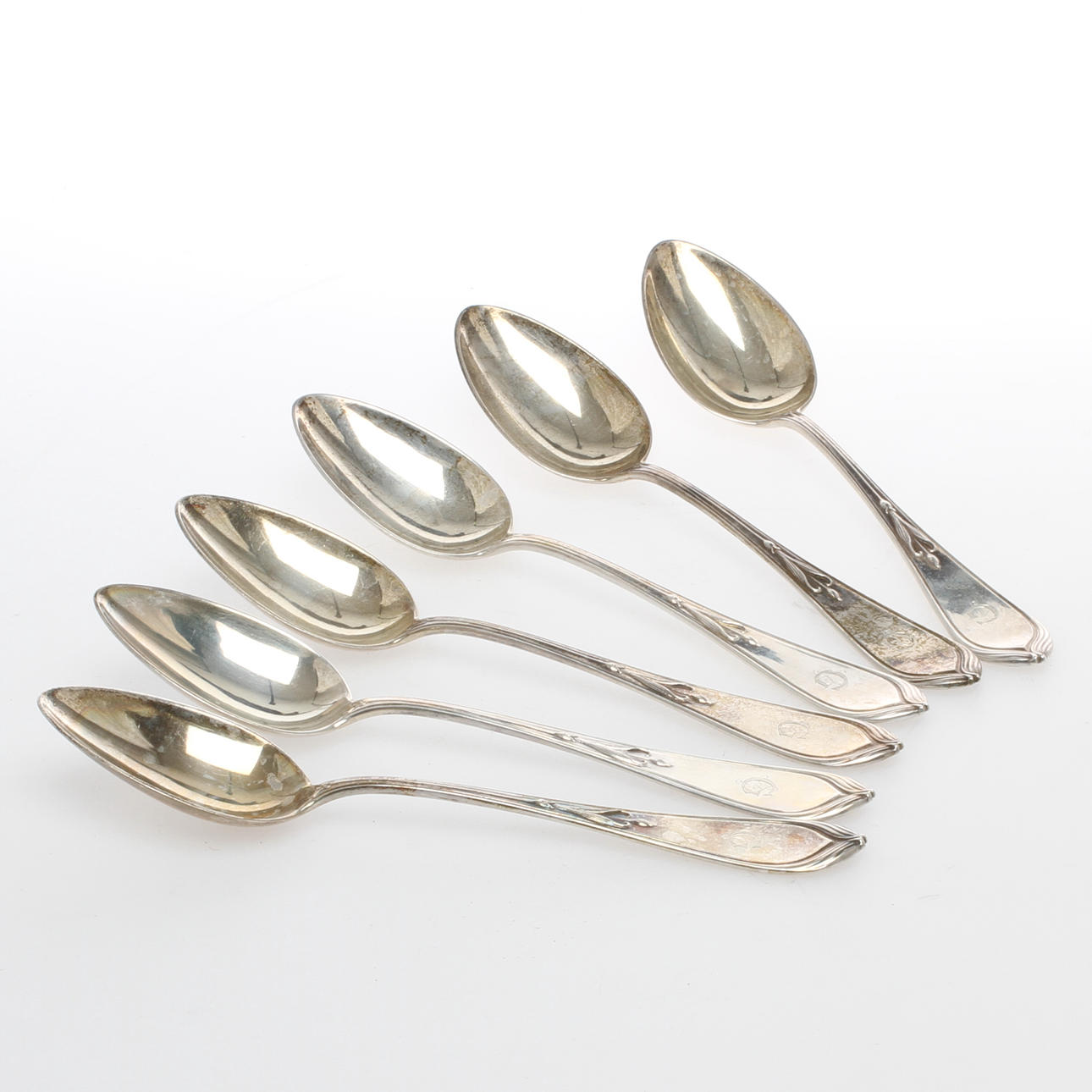 BORDSSKEDAR, 6 st, silver, jugend, "Tulpan", K Andersson, Stockholm, 1907.