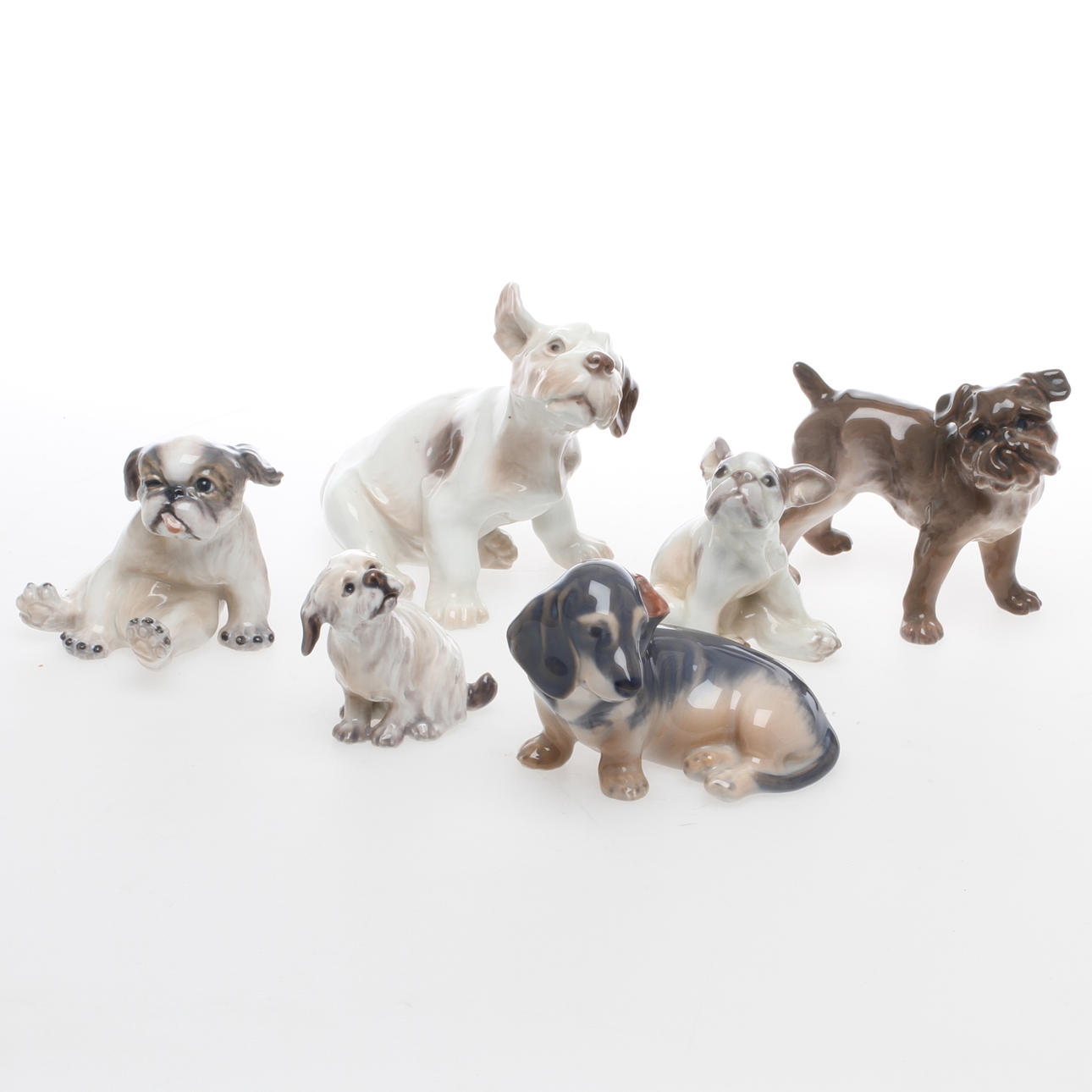 FIGURINER, 6 st, porslin, Hundar, Dahl Jensen, Bing & Gröndal, Royal Copenhagen, Danmark.
