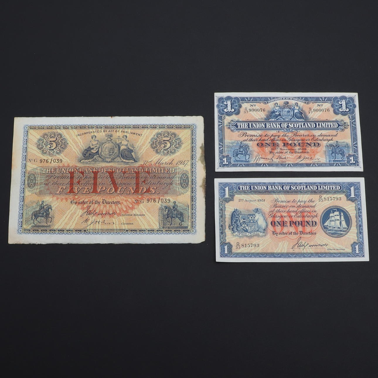A UNION BANK OF SCOTLAND FIVE POUND BANK NOTE AND TWO SIMILAR ONE POUND ...