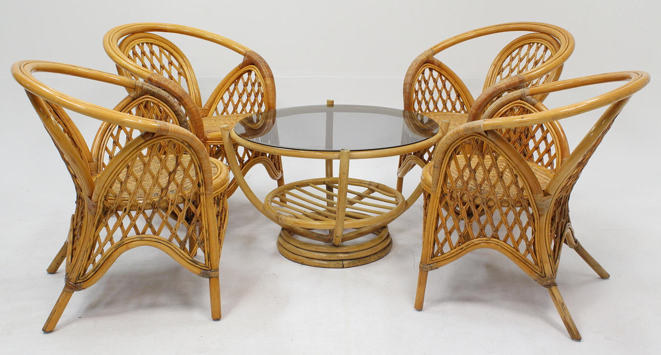 TRÄDGÅRDSMÖBEL, rotting, 6 stolar, 2 bord.