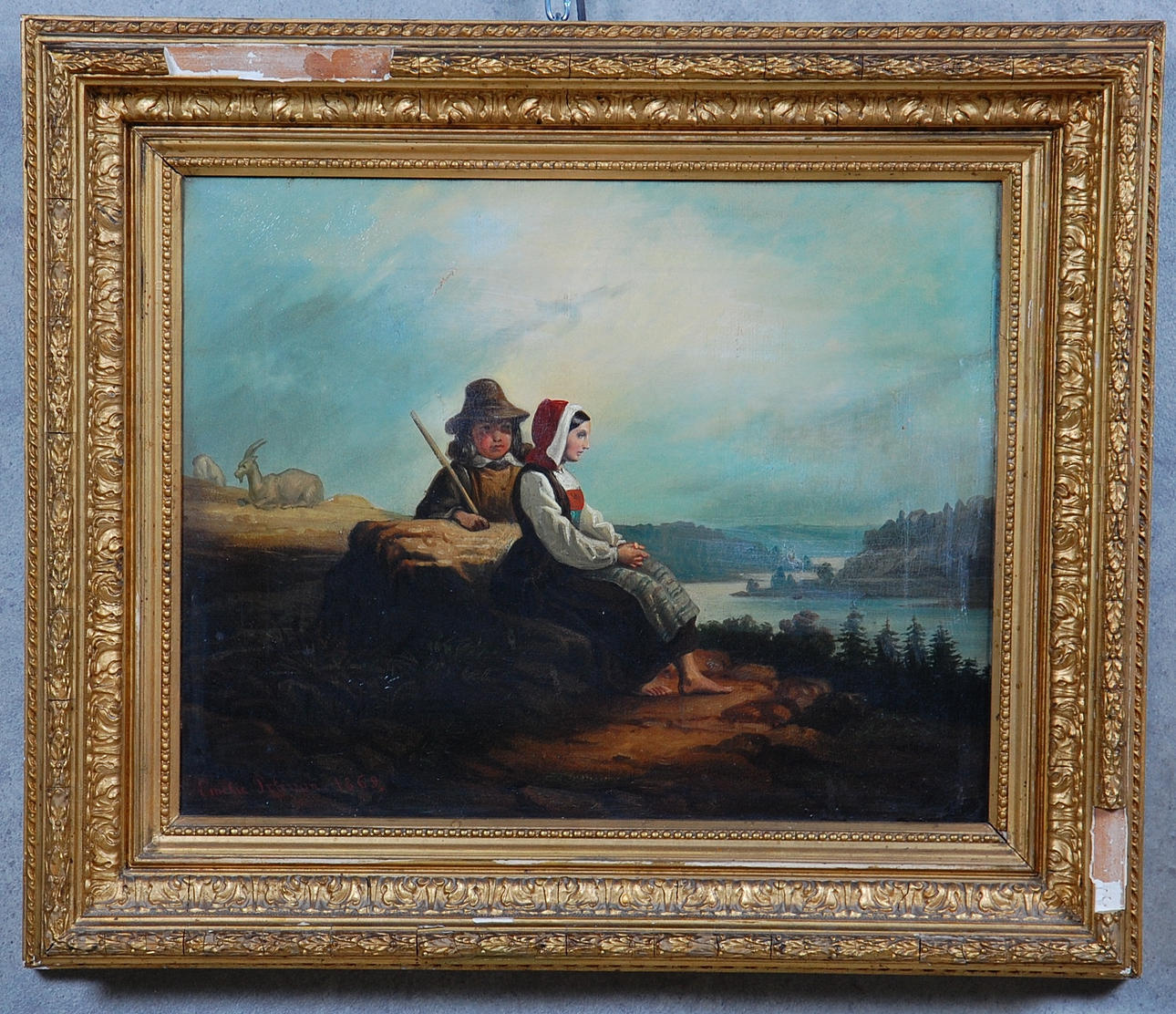 EMELIE PETERSON. olja på duk, " Figurscen " signerad, daterad 1869.