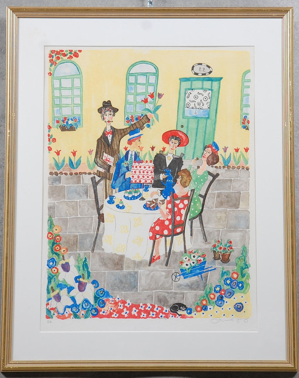 MARIKA LANG. färglitografi," Födelsedagsfesten " signerad, märkt EA.