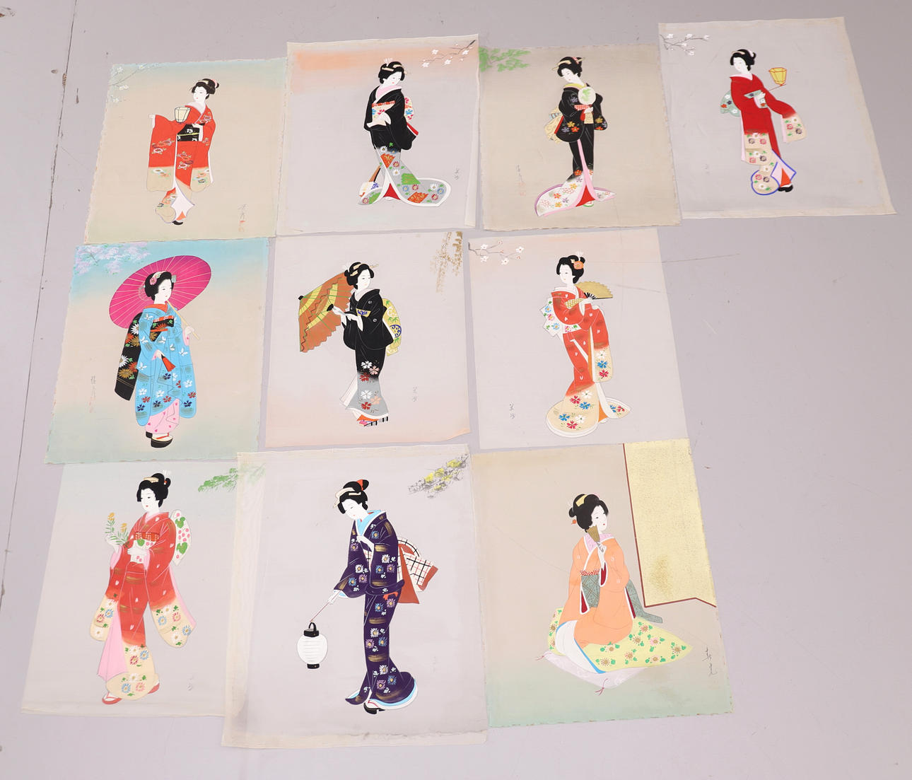 SAMLING AF 10 JAPANSKE TEGNINGER PÅ SILKE.