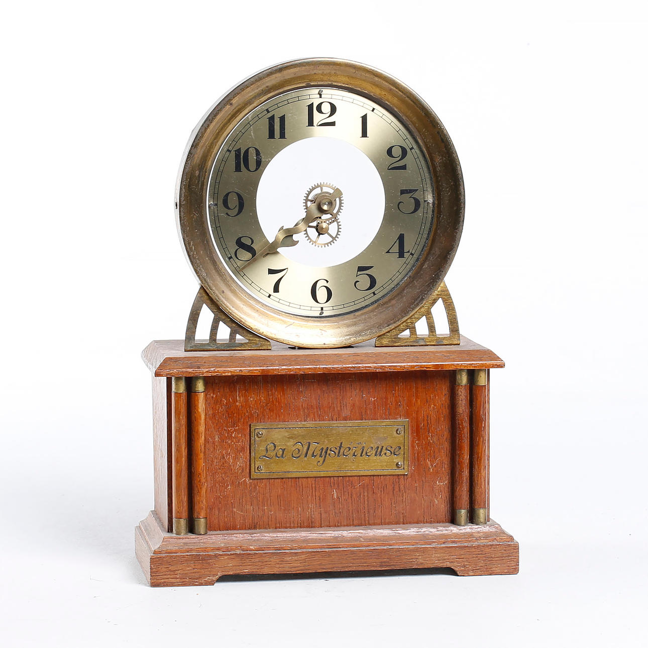 TABLE CLOCK, "La Mysterieuse", oak, 20th century.
