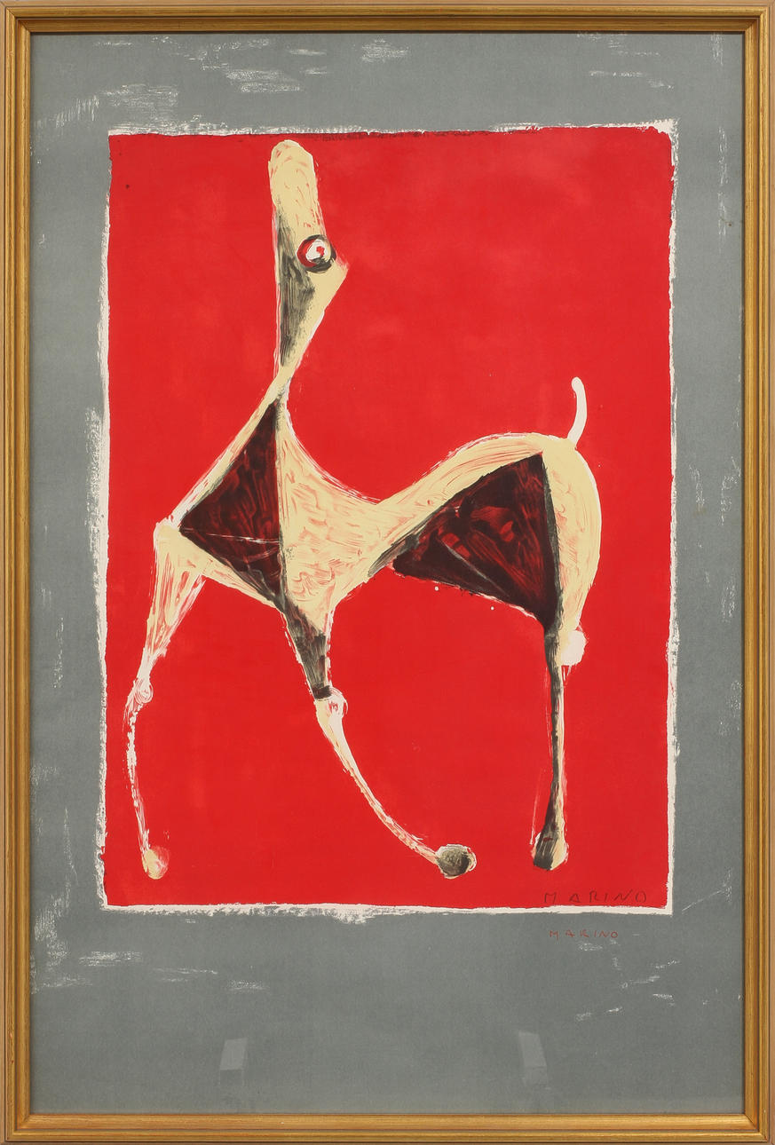 MARINO MARINI. EFTER. Häst mot röd bakgrund, färglitografi, signerad.