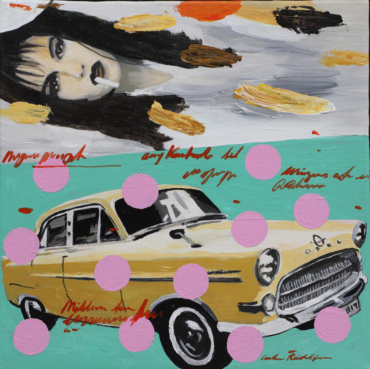 CARSTEN RUDOLFSEN. oil on canvas, composition with car & woman, signed ...