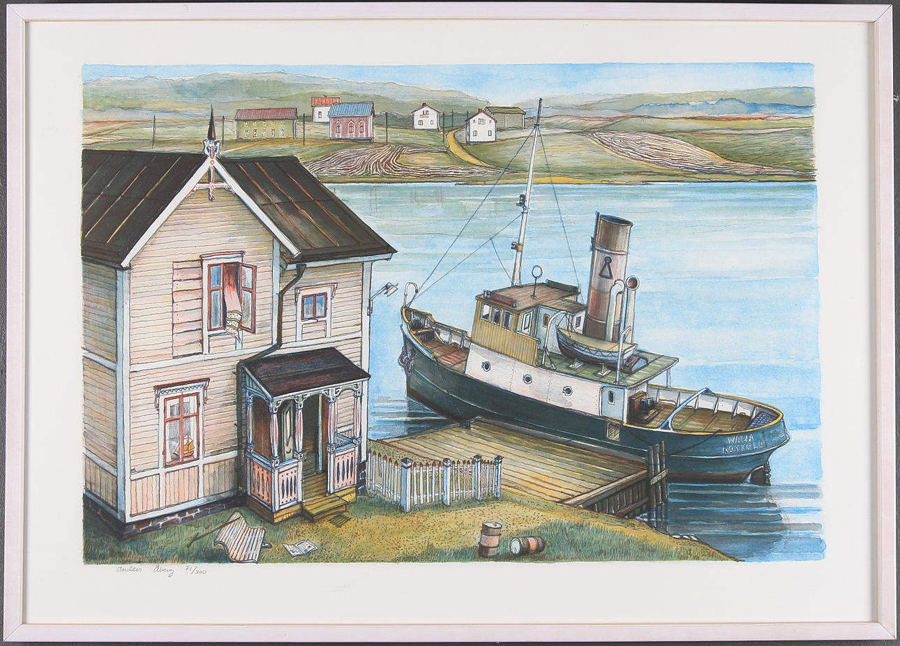ANDERS ÅBERG. Färglitografi, hus vid brygga, signerad och numrerad 71/300.