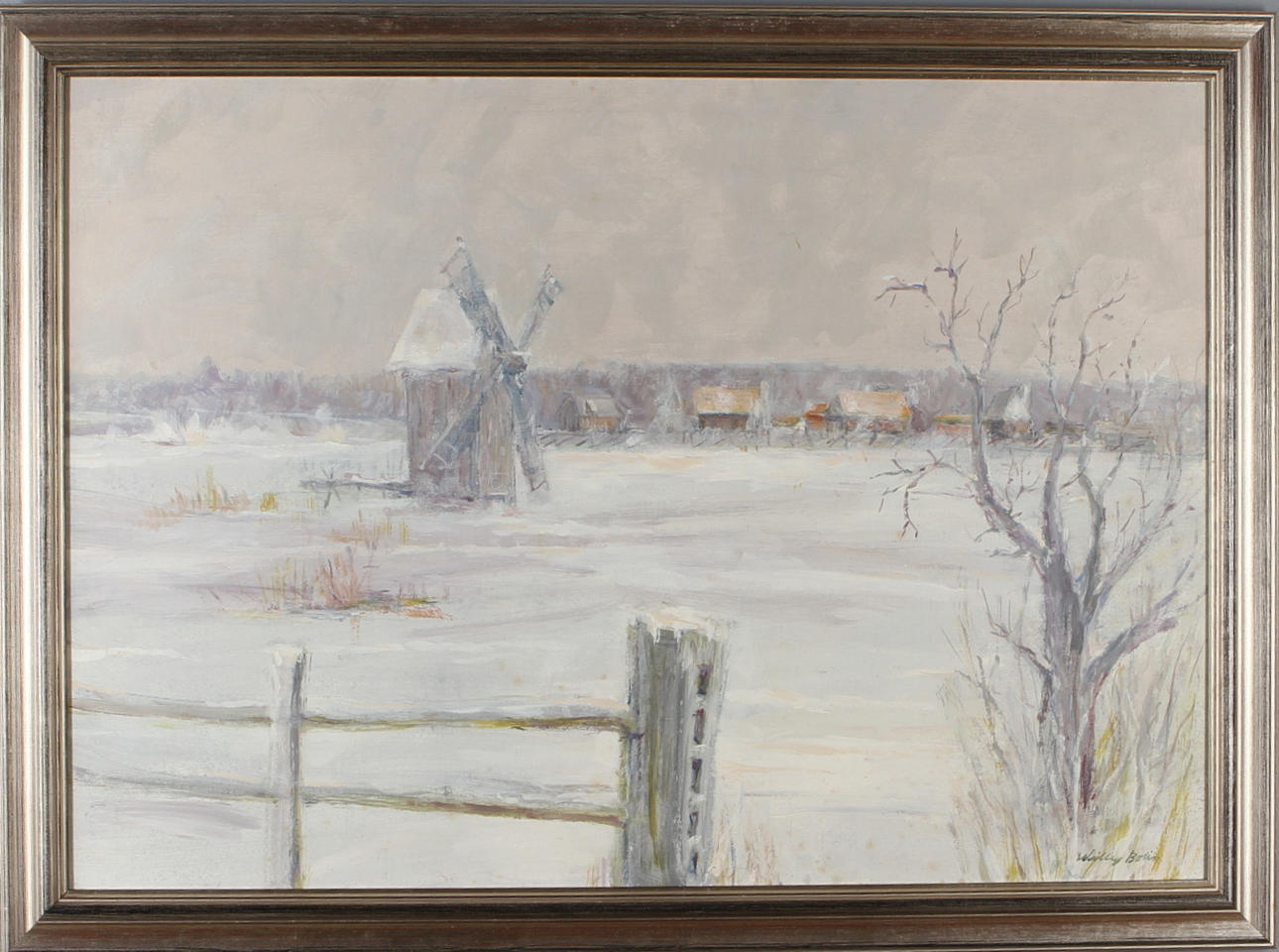 WILLY BOLIN. Vinterlandskap med väderkvarn, olja på pannå, signerad.
