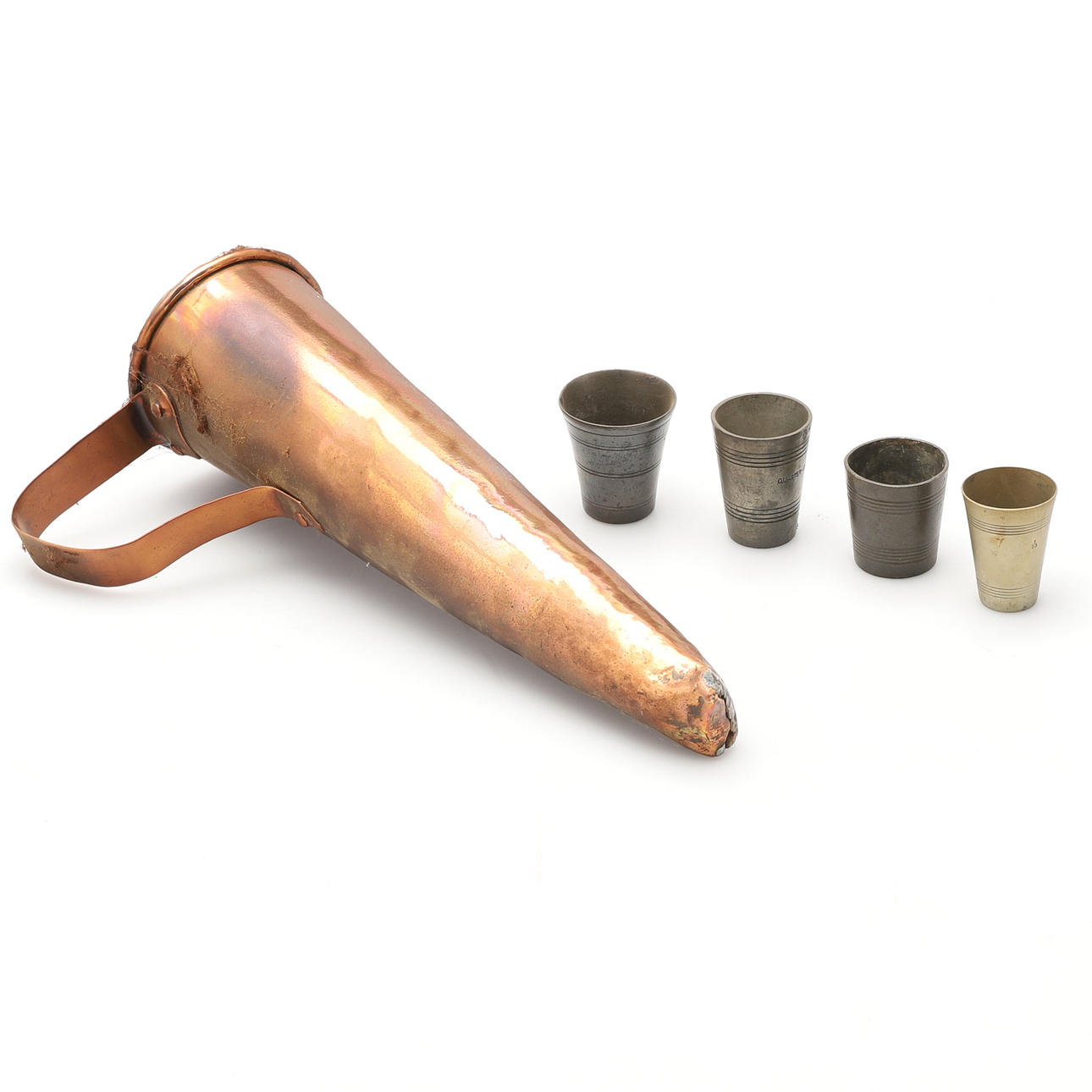 COPPER ALE MULLER AND PEWTER MEASURES.