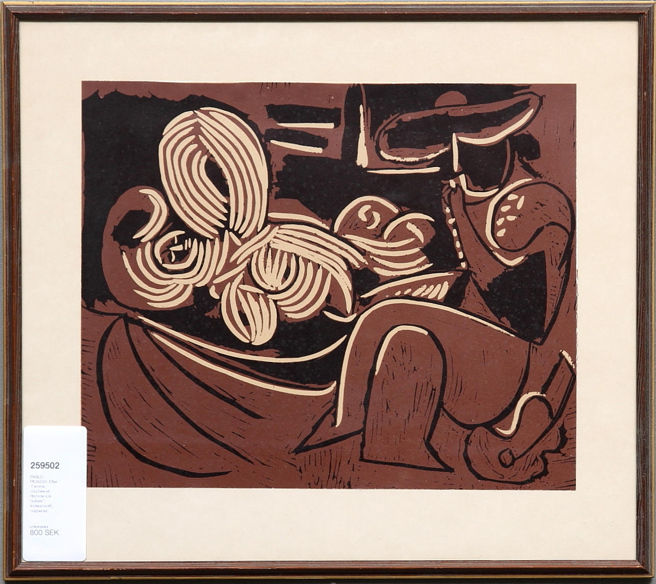 PABLO PICASSO. EFTER. "Femme couchée et Homme á la Guitare", linoleumsnitt, osignerad.