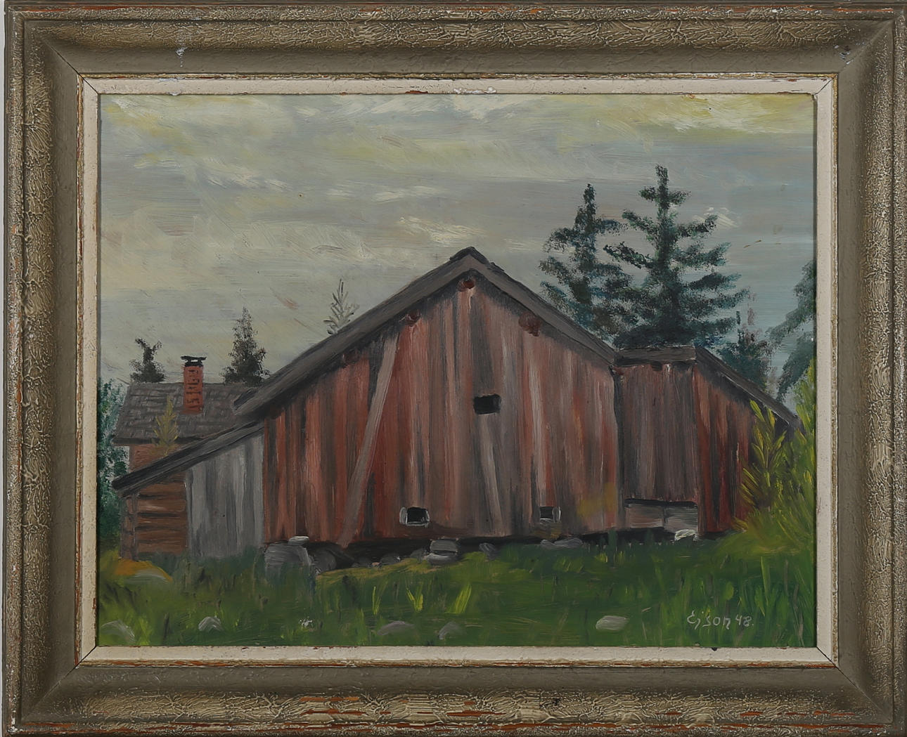 OIDENTIFIERAD KONSTNÄR. Olja på pannå, ladugårdsgavel, signerad E json samt daterad 48.