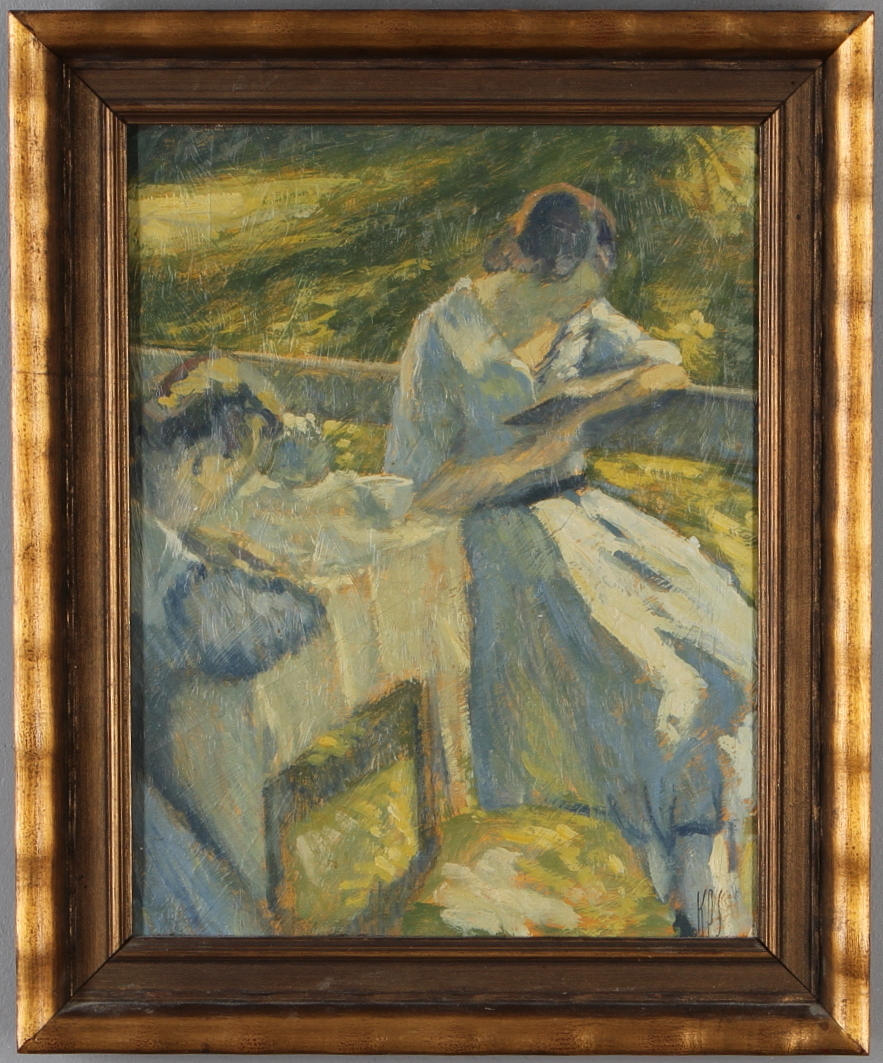 OIDENTIFIERAD KONSTNÄR. Läsande kvinna, olja på duk, monogramsignerad KPS.