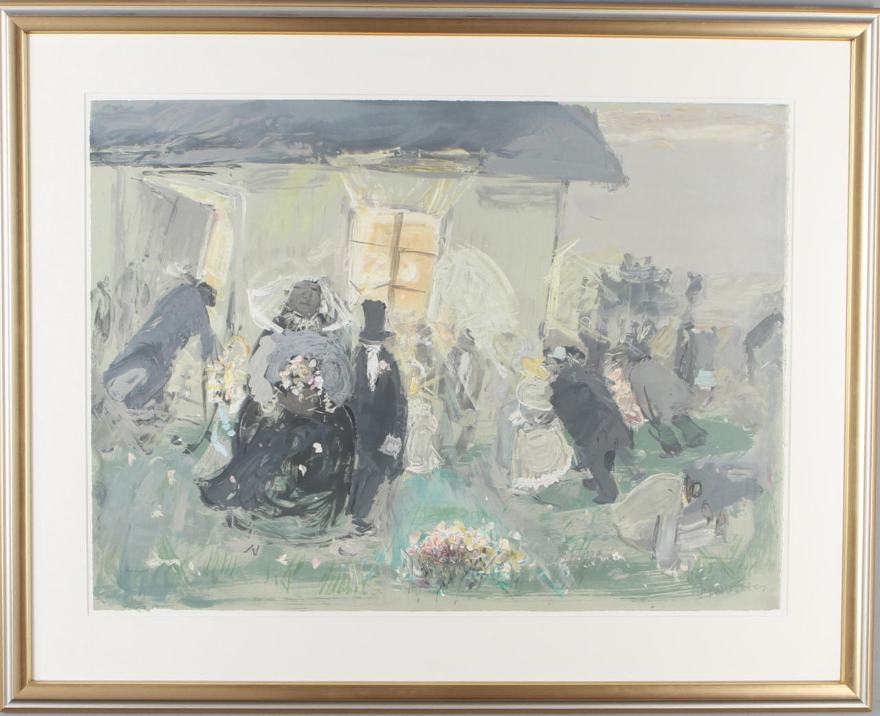 RAGNAR PERSON. Bröllopssällskap, färglitografi, provtryck, signerad.