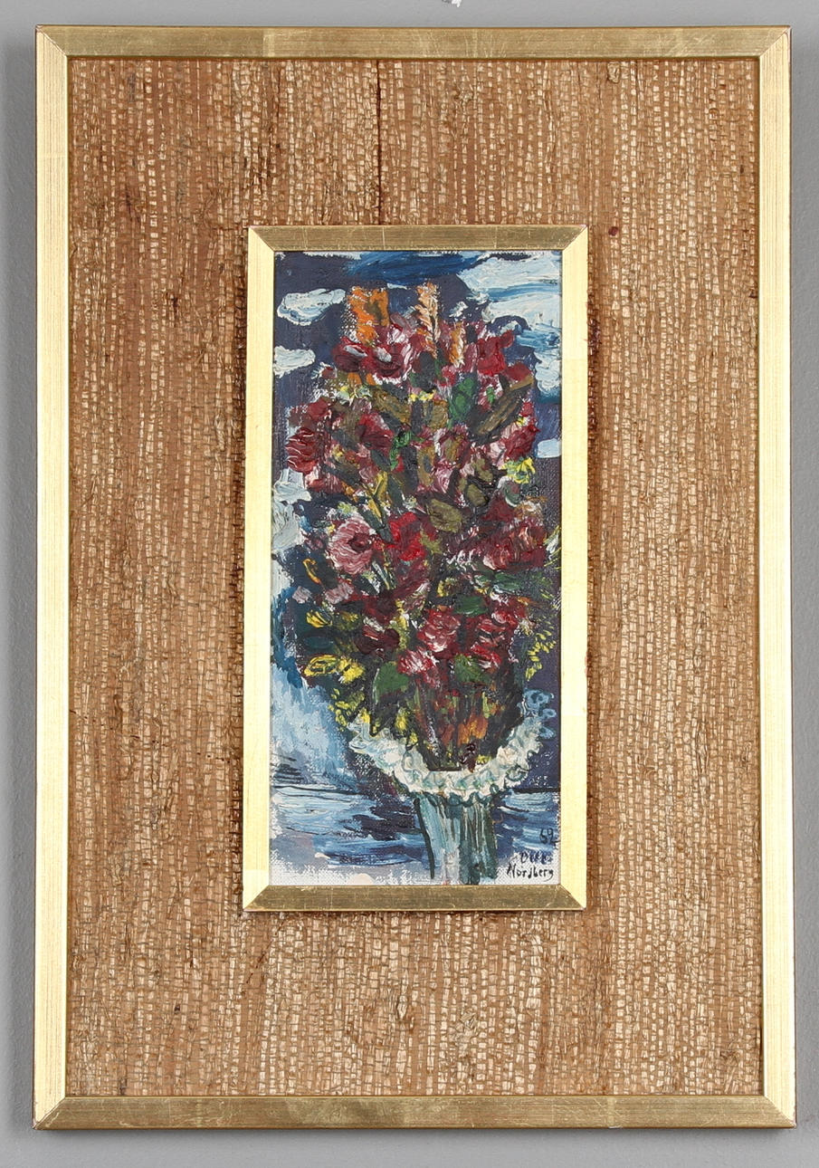 OLLE NORDBERG. Blomsterbukett, olja på pannå, signerad 62.