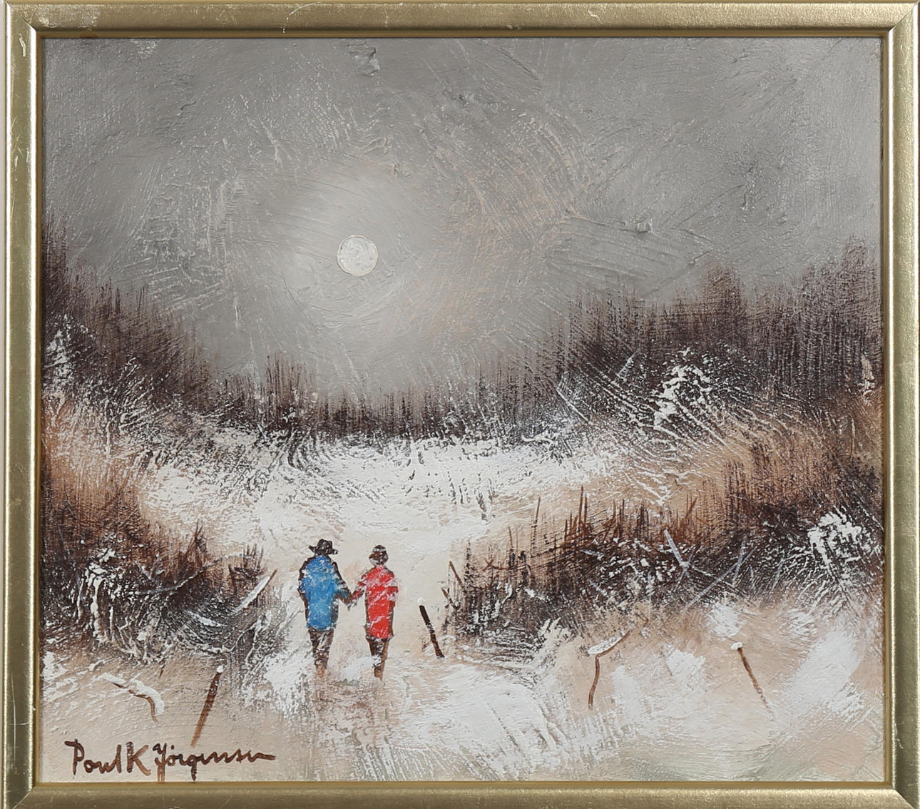 PAUL K JÖRGENSEN. Månskenspromenad, olja på pannå, signerad.