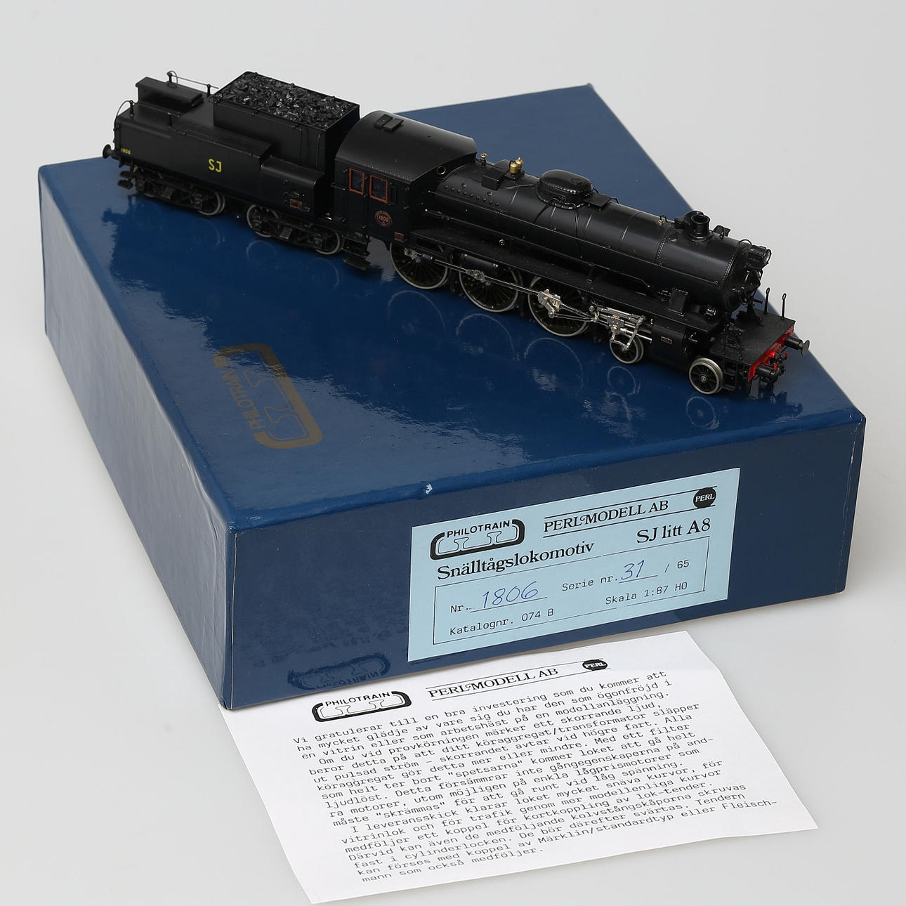 PHILOTRAIN PERLMODELL SJ A8 1806, Dampflokomotive mit Tender, Originalkarton.