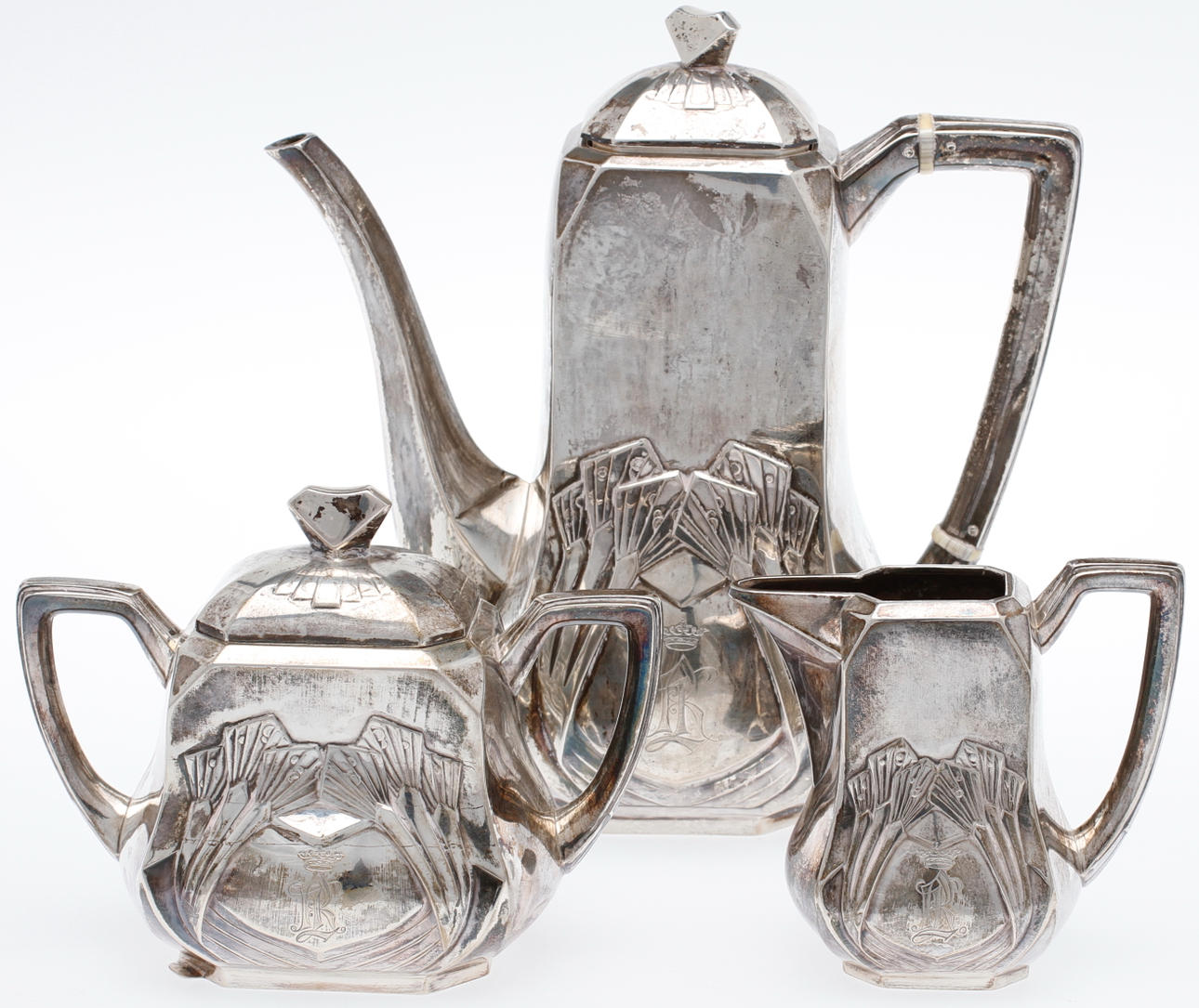 KAFFESERVIS, 3 delar, silver, jugend, vikt ca 1049 gram.