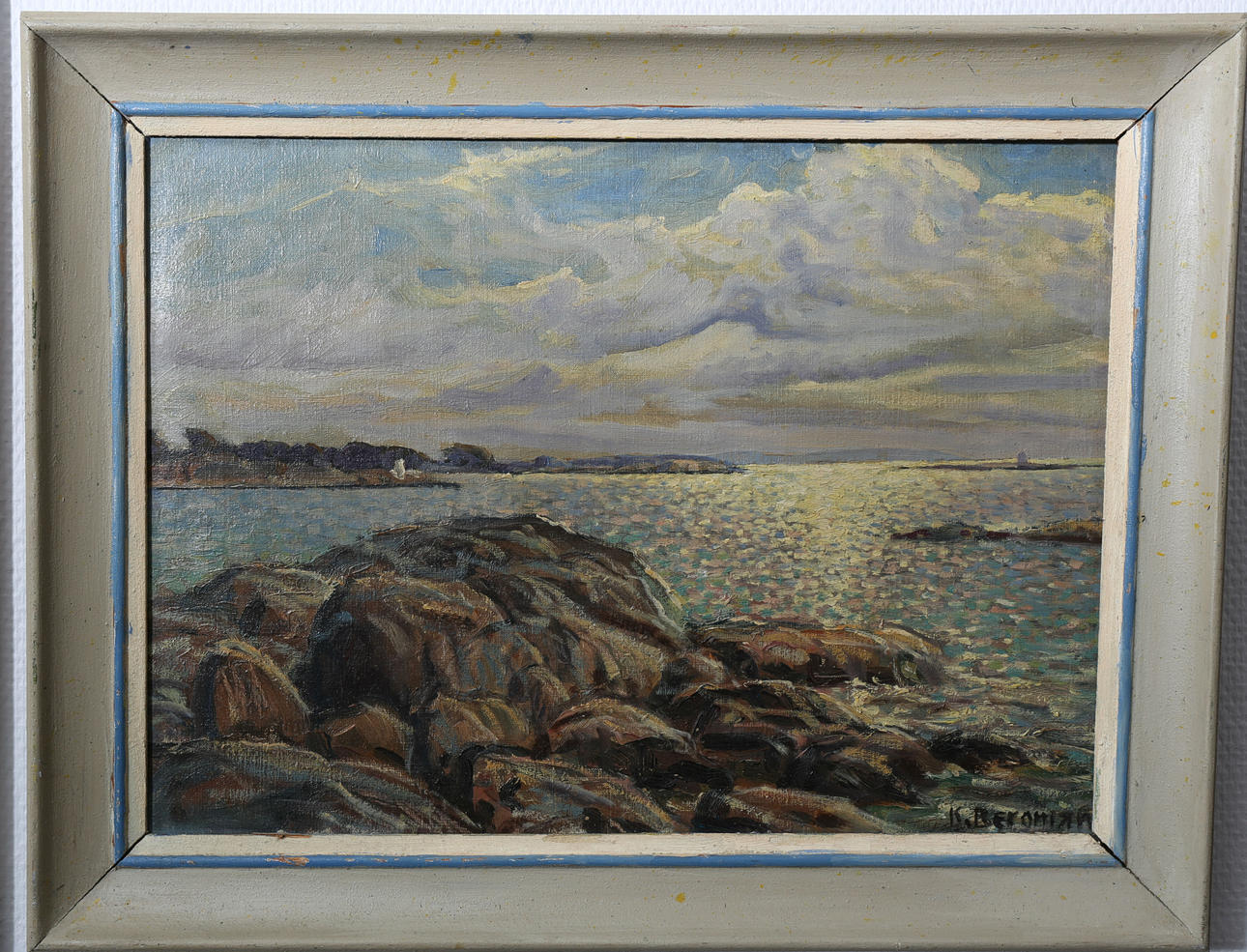 KARL BERGMAN. Olja på duk, Strand med klippor, signerad.