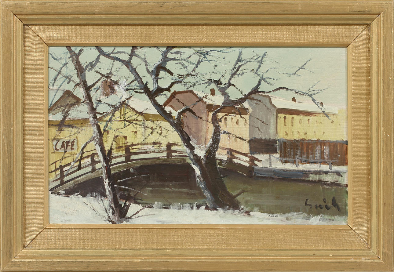 TAGE GAVIK. "Åvägen, Gårda", olja på duk, signerad.