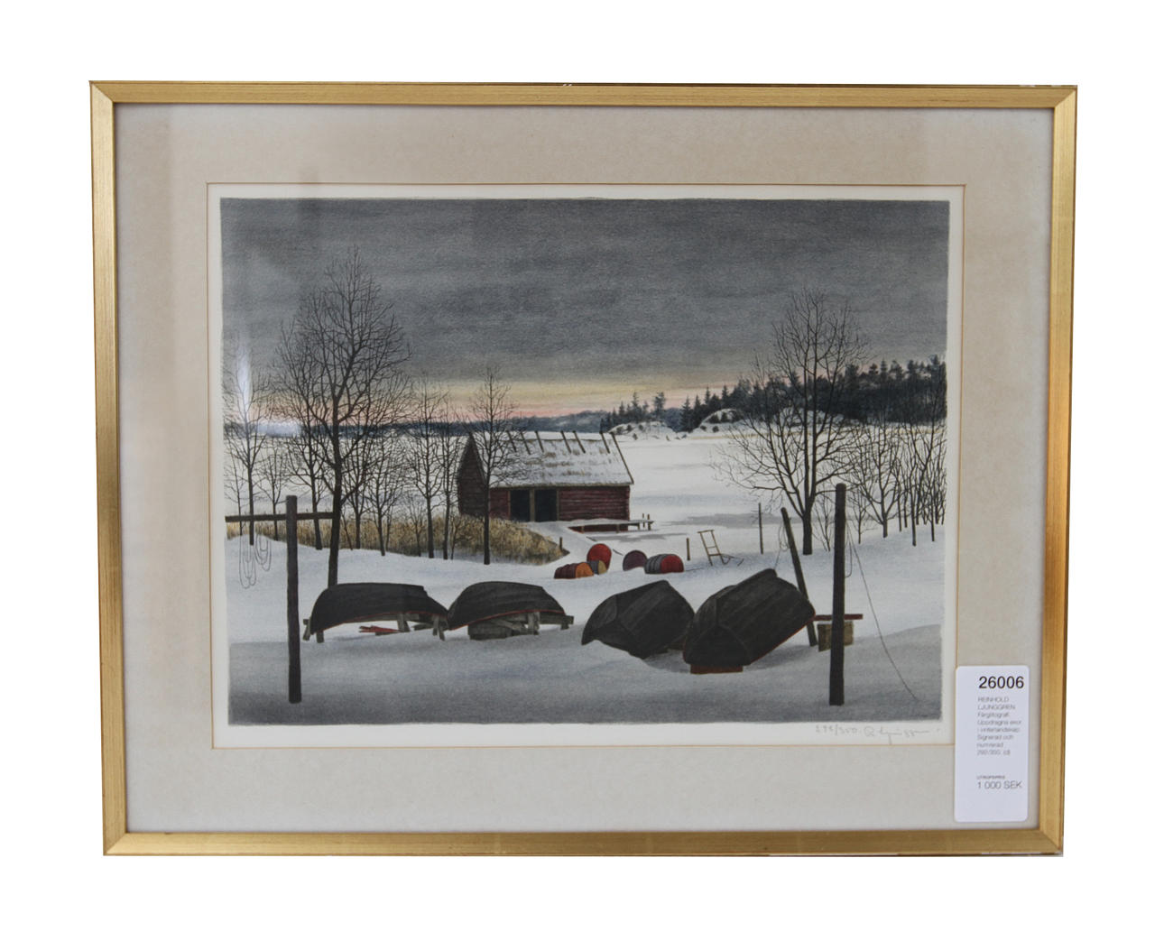 REINHOLD LJUNGGREN. Färglitografi. Uppdragna ekor i vinterlandskap. Signerad och numrerad 292/350.