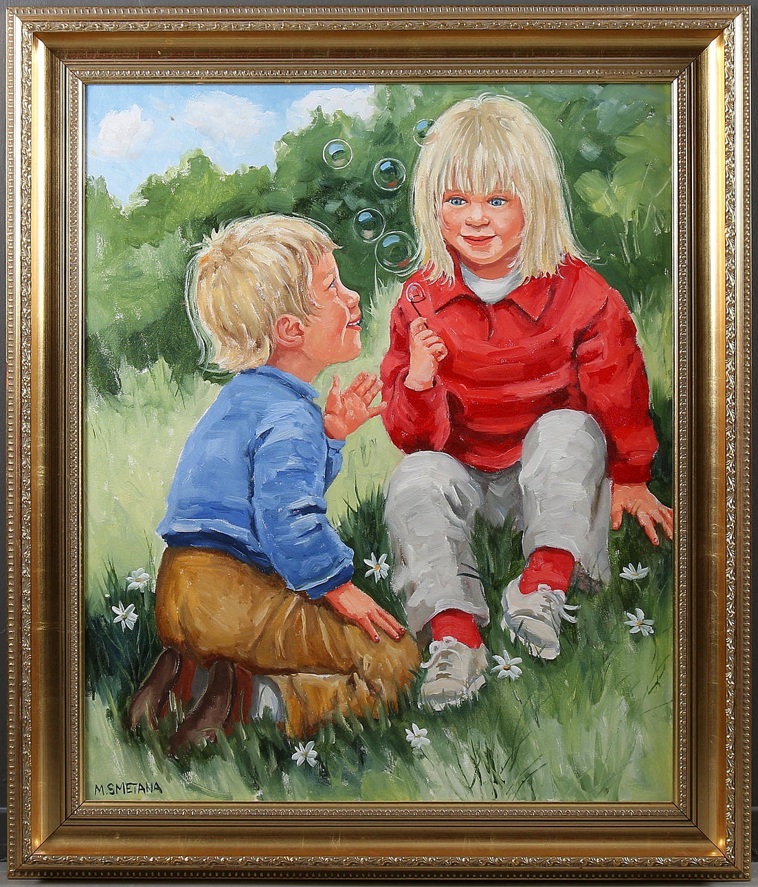 MONICA SMETANA. Barn blåser såpbubblor, olja på duk, signerad.