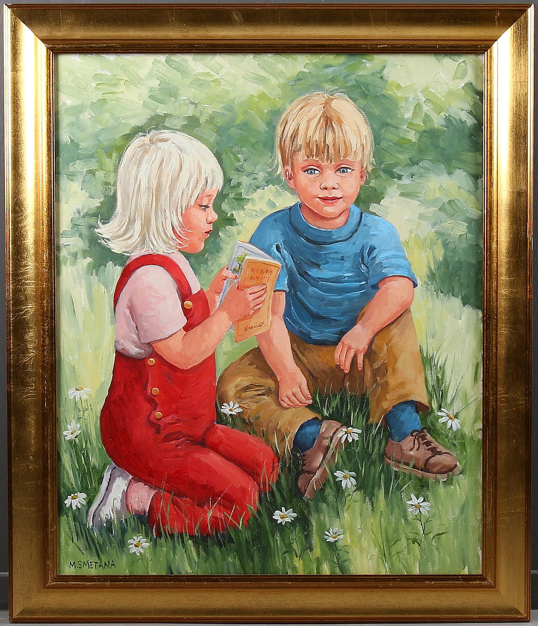 MONICA SMETANA. Barn lässen en bok, olja på duk, signerad.