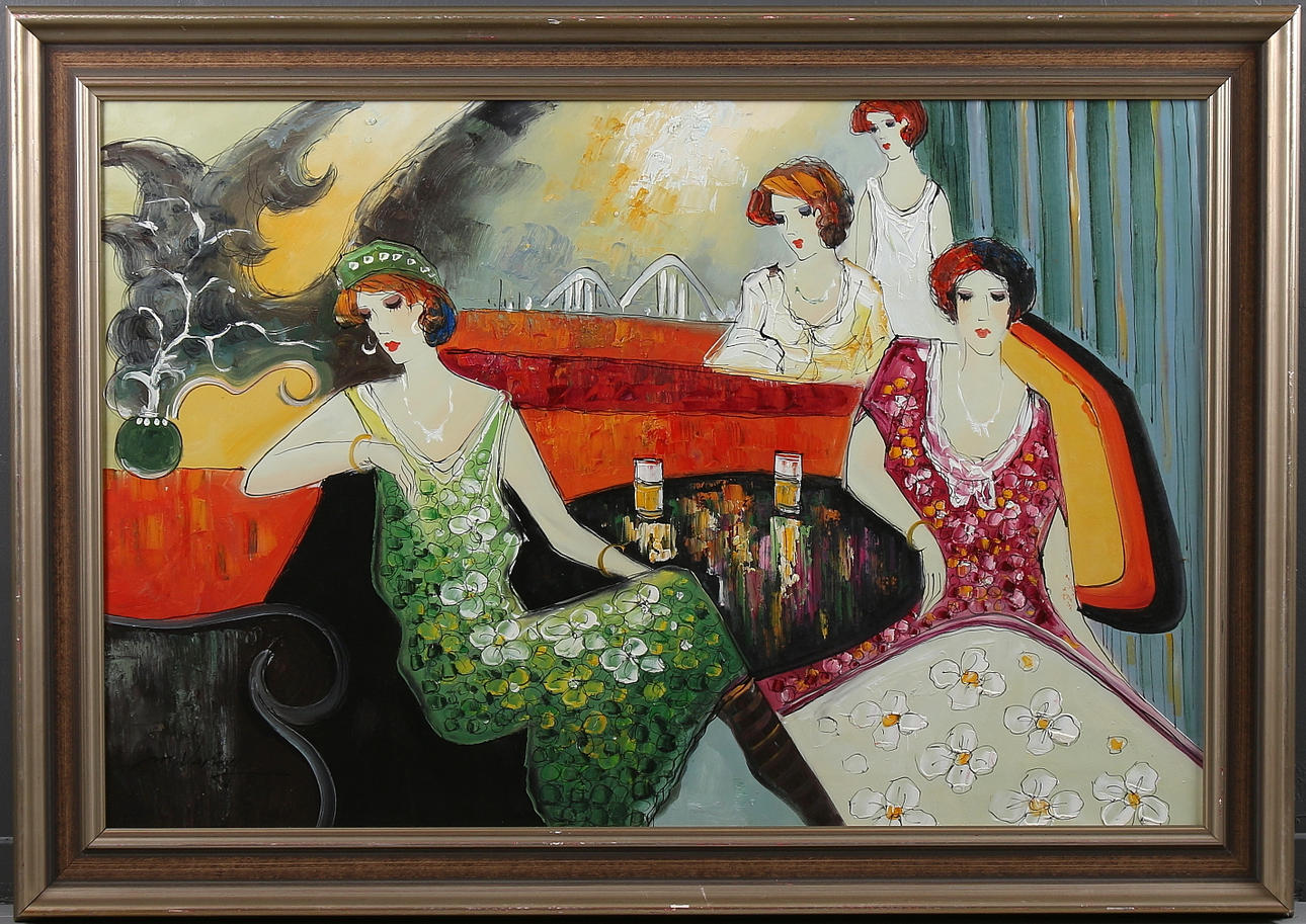 MARY VARLEY. Nattklubb med damer, olja på duk, signerad.