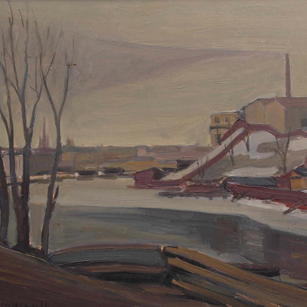 KURT LINDON. Olja på pannå, industri vid vatten, signerad samt daterad -36.