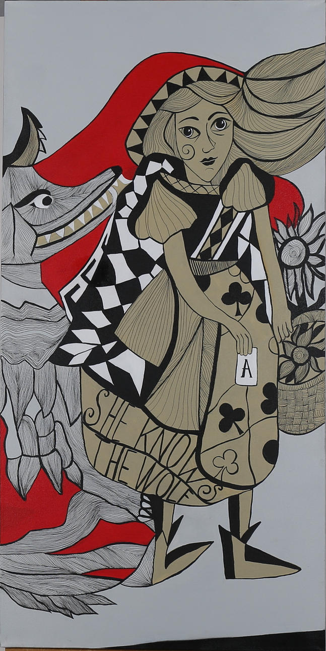 GORDANA & NATALIJA VINCIC. Akryl på duk, "Red Riding Hood Saw Through the Wolfs Tale" signerad D Vincic Sisters.