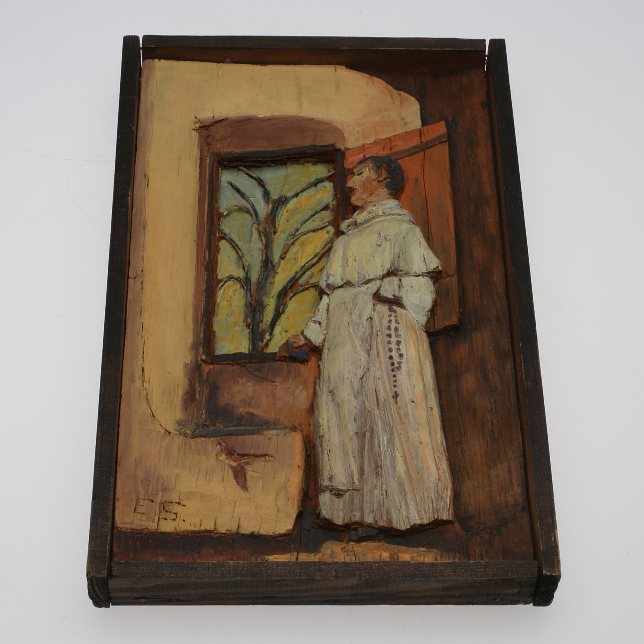 VÄGGRELIEF, trä, signerad, E S.