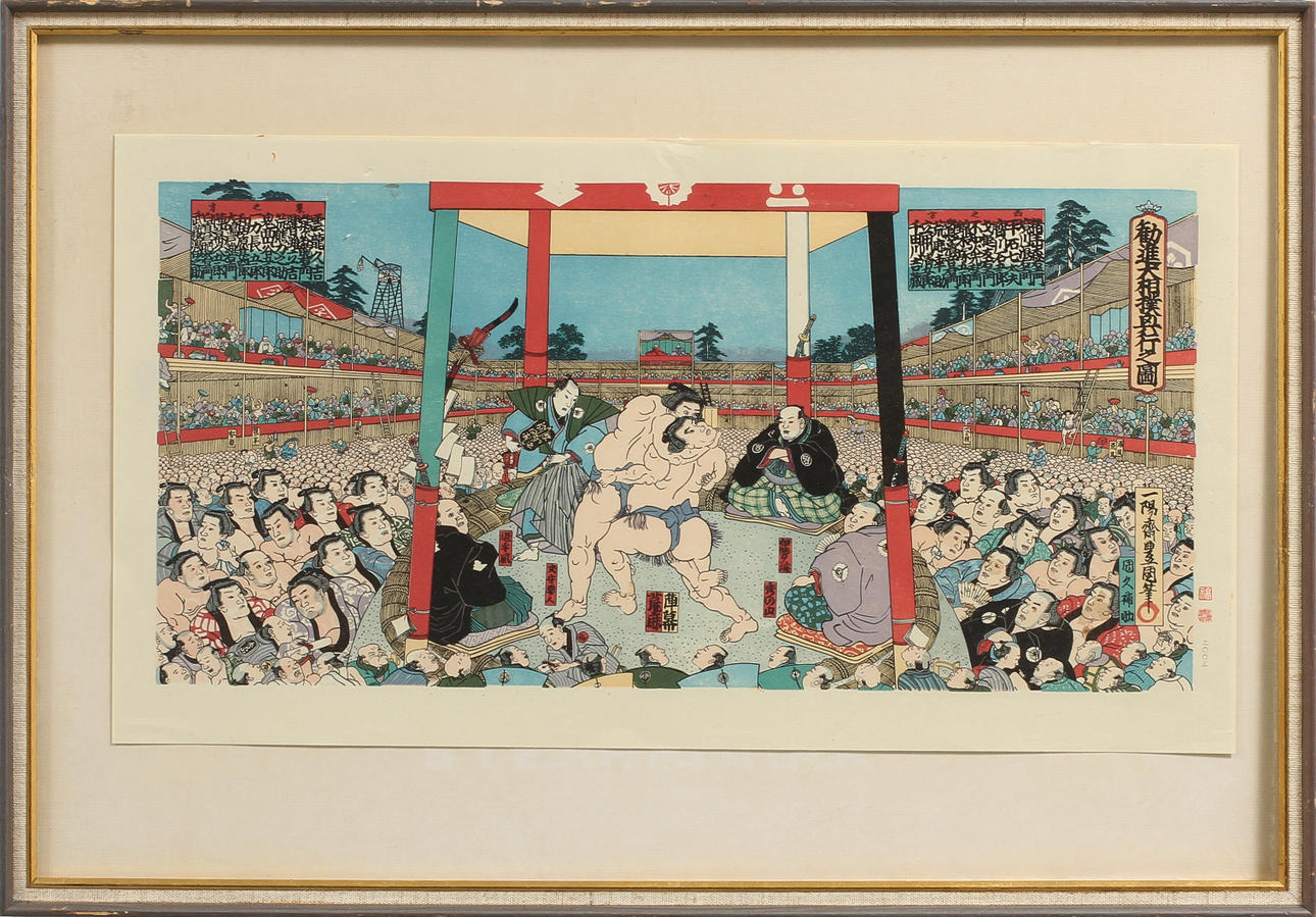 TRÄSNITT, 2 st samt SIDENTAVLA, Japan, 1900-tal.