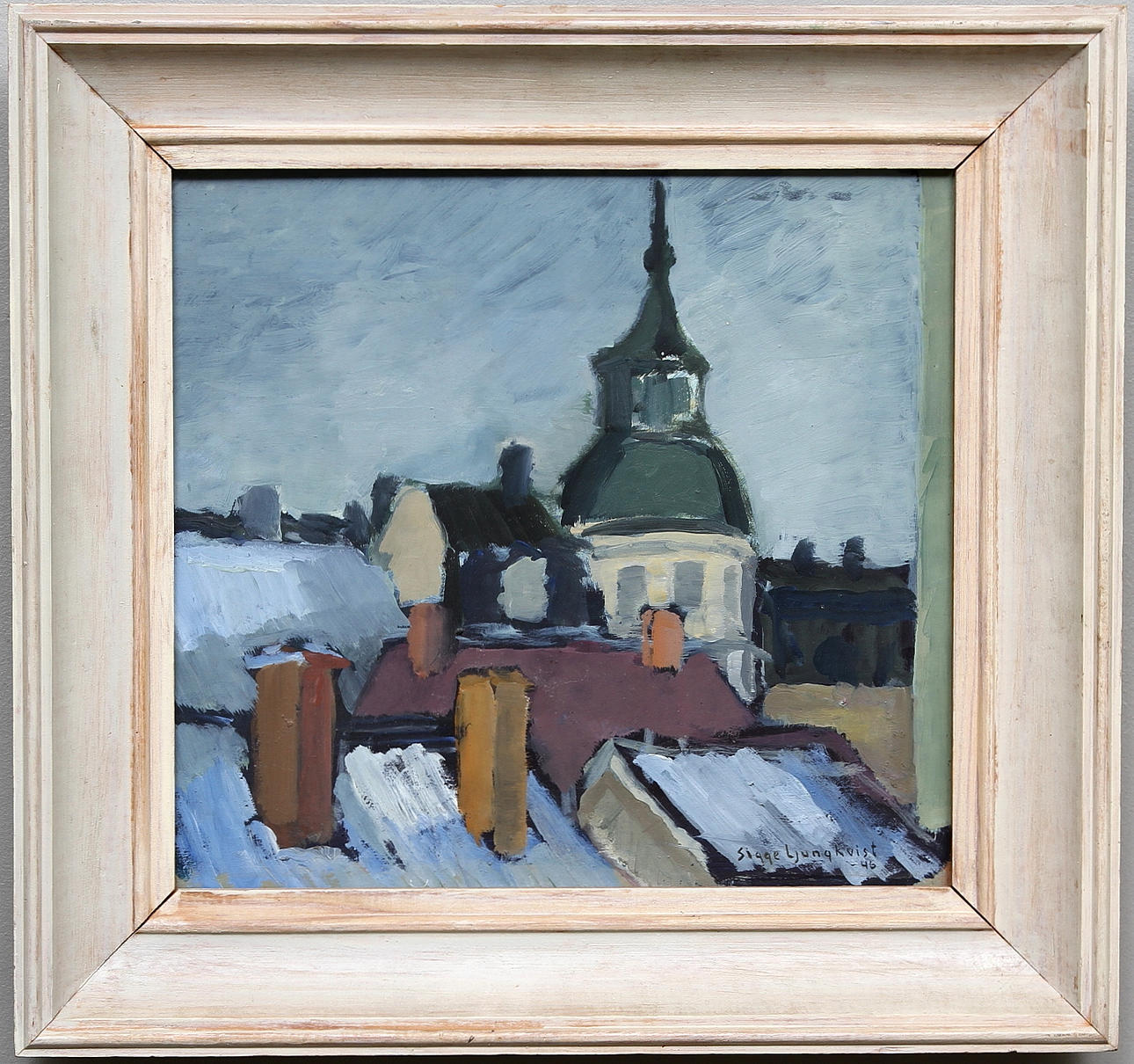 SIGGE LJUNGKVIST. Stadsvy. Olja på pannå. Signerad och daterad -46.